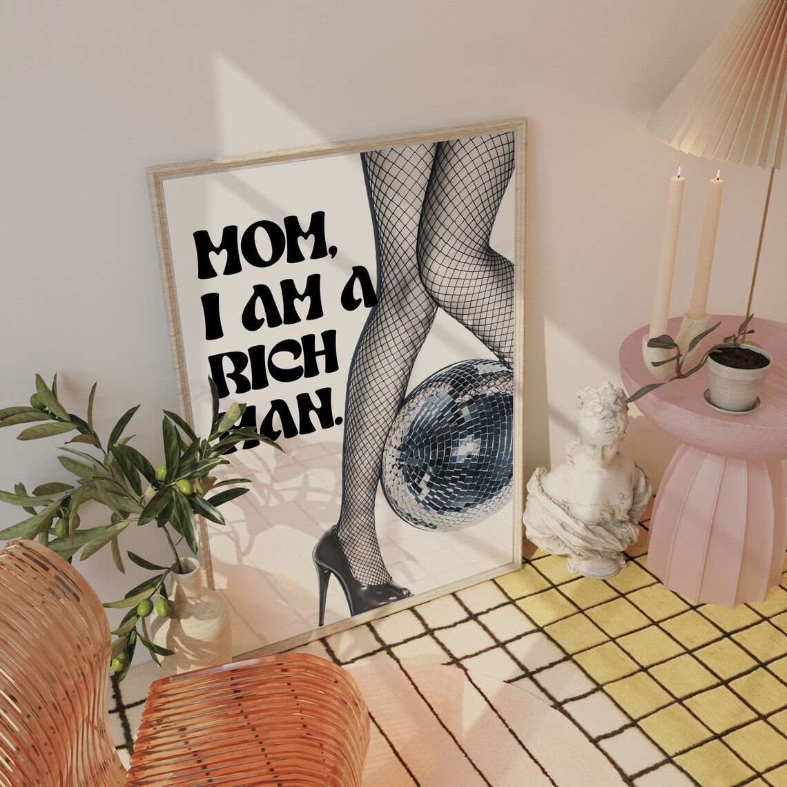 Mom I Am a Rich Man Disco Ball Feminist Retro Typography Poster - Image 4
