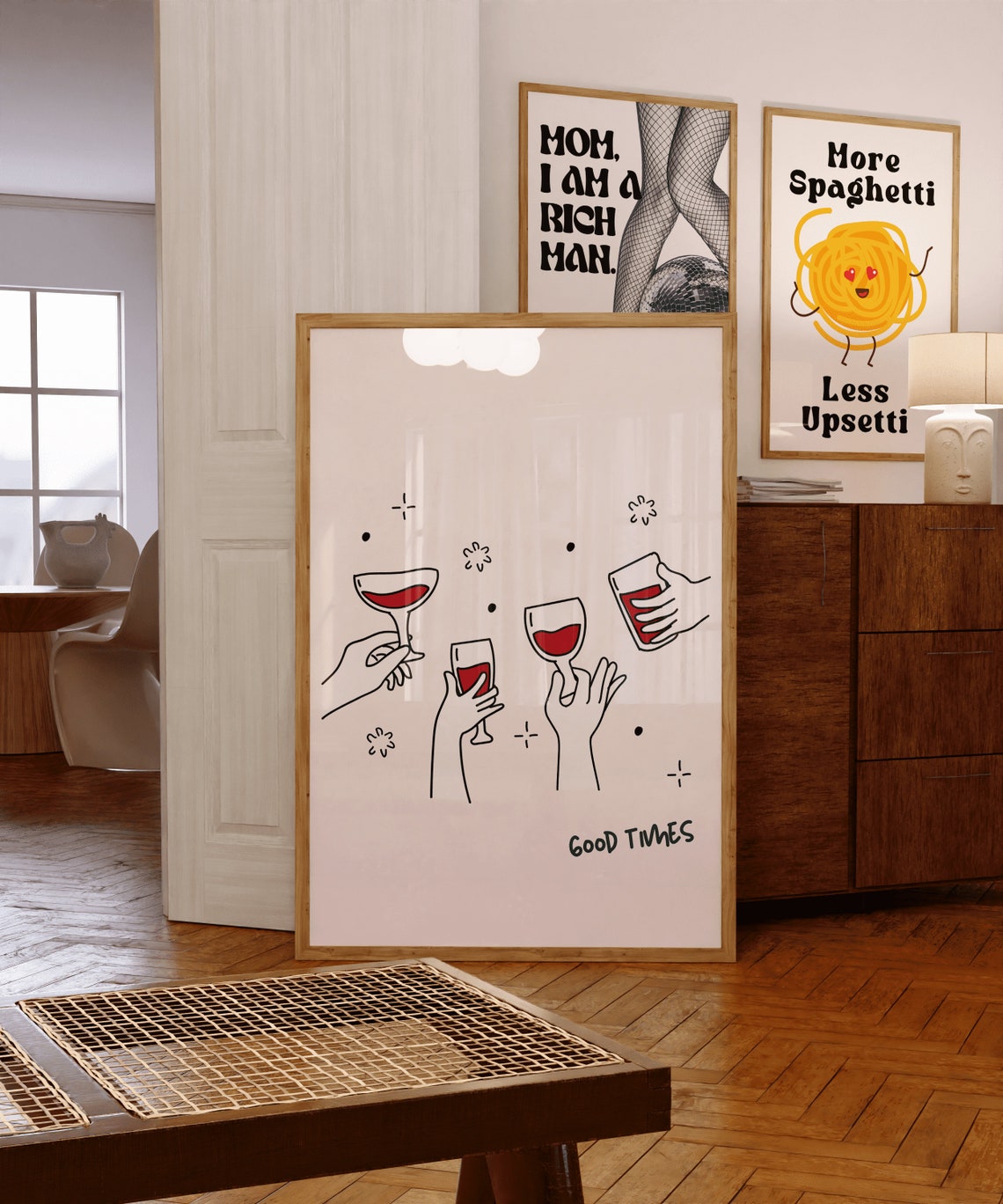 Good Times Cheers Wine Glasses Minimalist Doodle Bar Party Wall Poster - Image 2