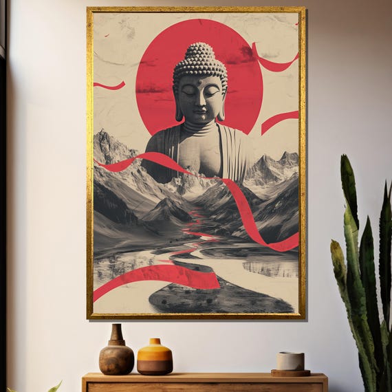 Majestic Buddha Statue, Zen Minimalist Landscape