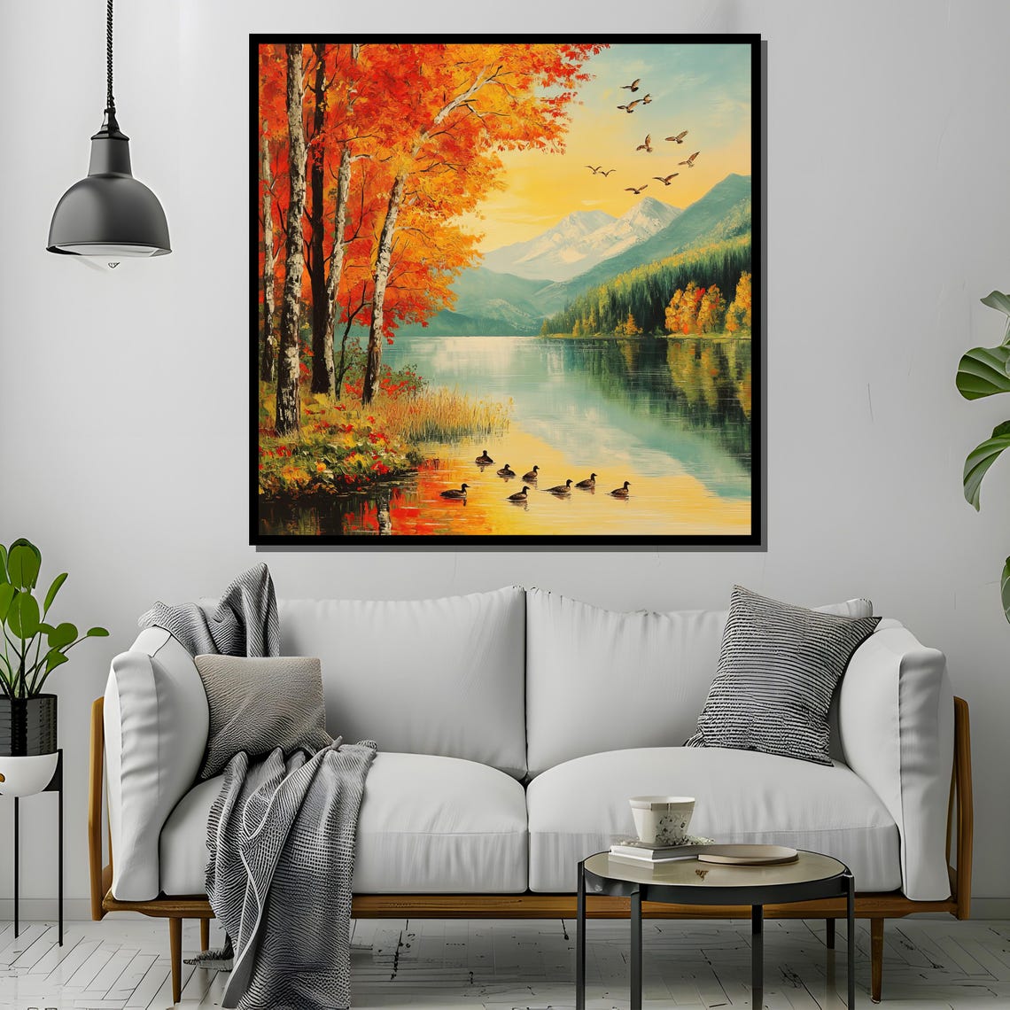 Golden Autumn Lake Painting, Serene Landscape - Image 2