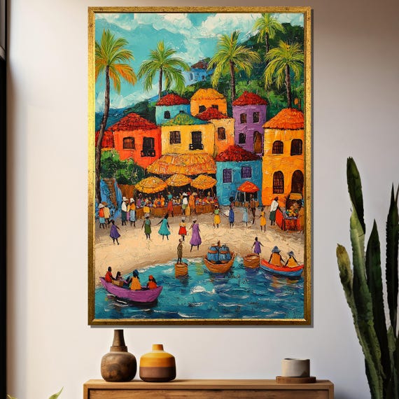 Mayan Fishing Village Market Scene, Coastal Art Print