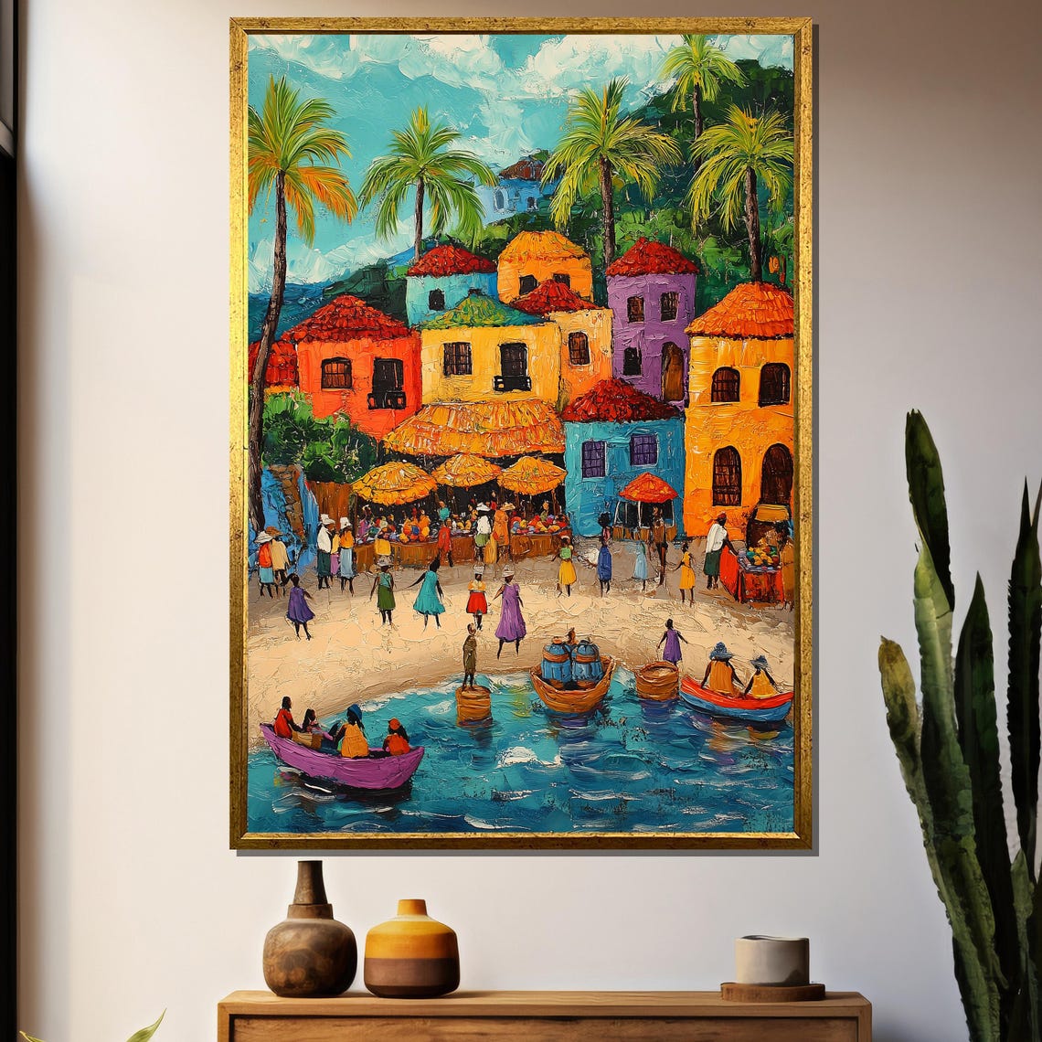 Mayan Fishing Village Market Scene, Coastal Art Print