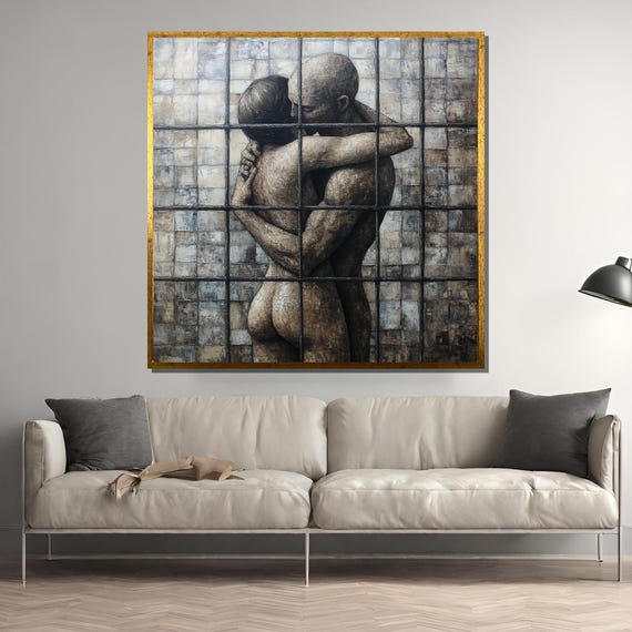 Emotive Nude Couple Embrace, Intimate Figurative Art