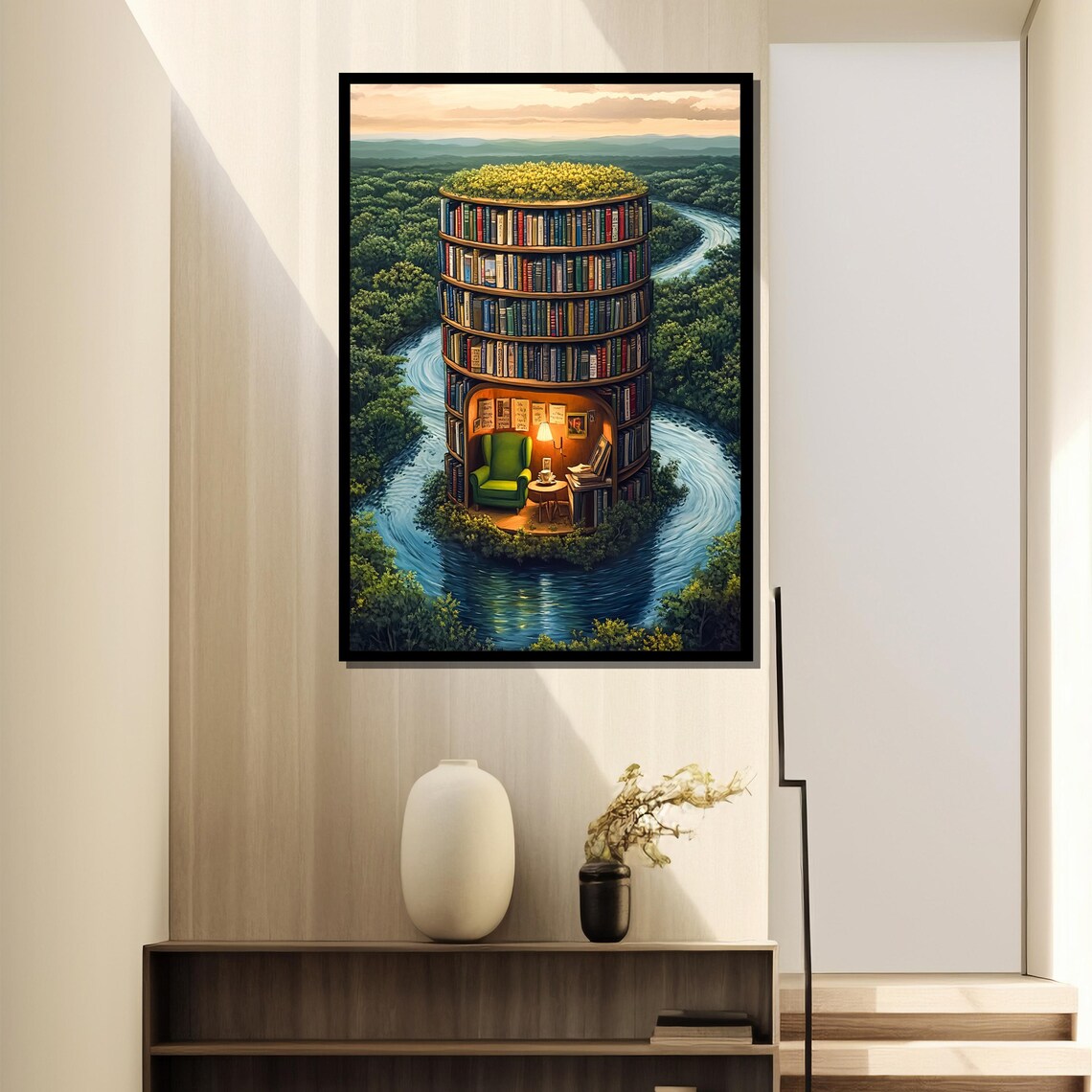 Surreal Book Tower In The Forest, Cozy Reading Nook - Image 2