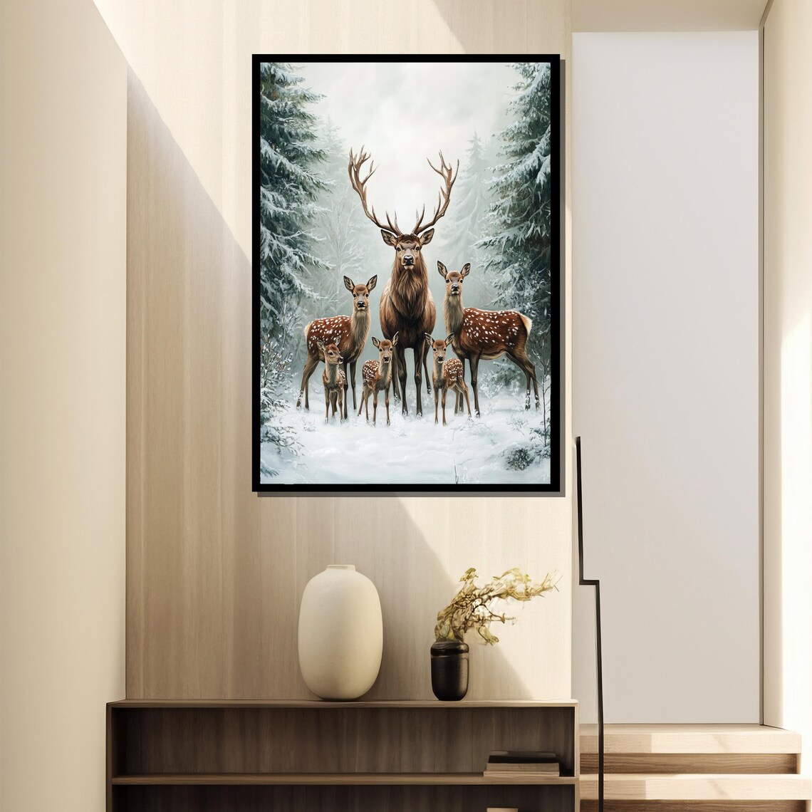 Winter Deer Family, Rustic Wildlife Painting - Image 2