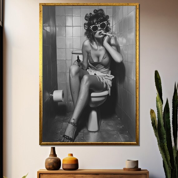 Smoking Woman On Toilet, Retro Grunge Bathroom Decor