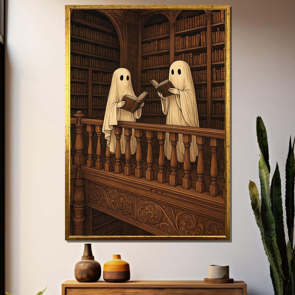Ghostly Scholars Among Ancient Tomes, Surreal Library Art Print