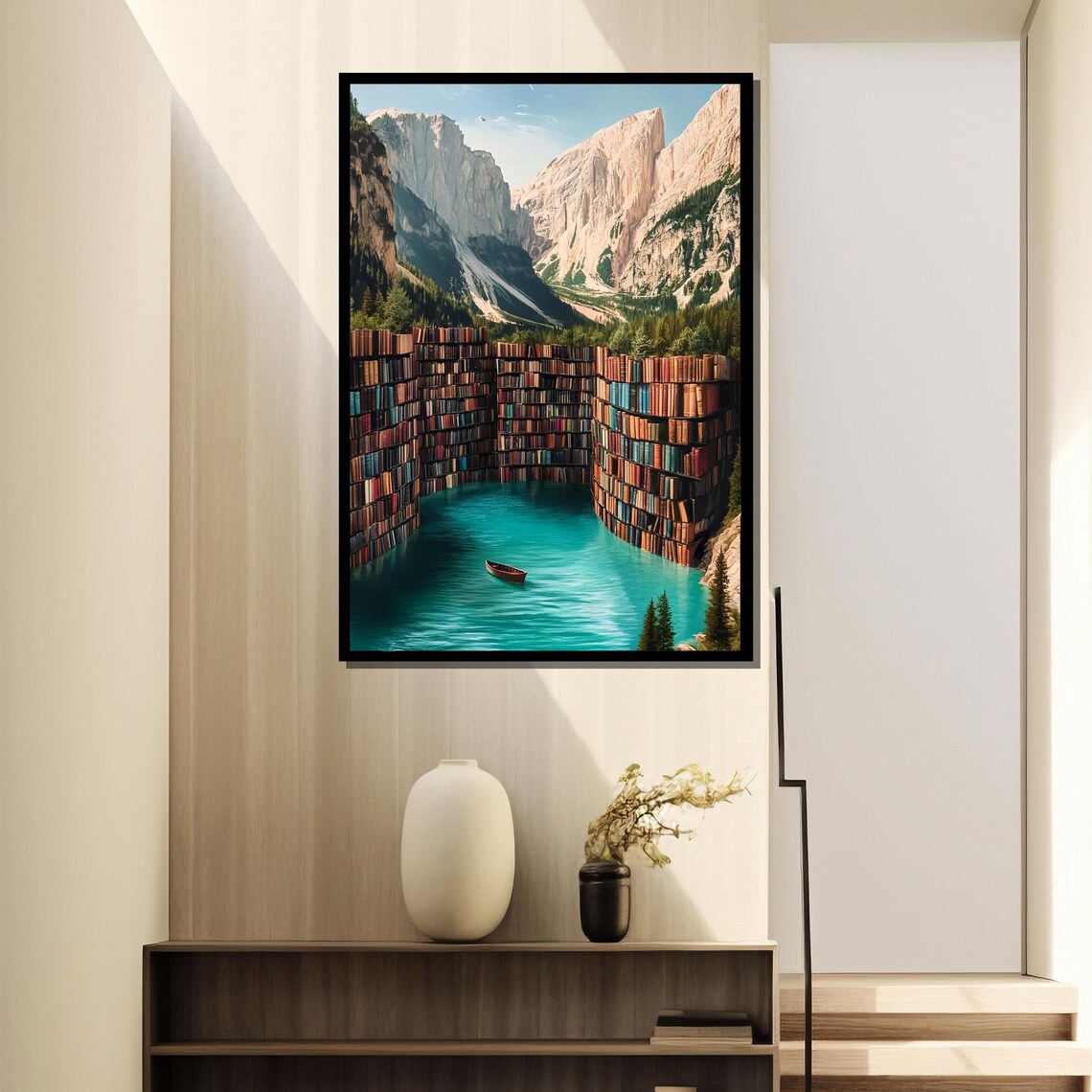 Surreal Library Lake Painting, Dreamy Mountain - Image 2