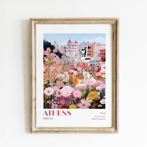 Athens Greece Floral Cityscape Pink Blooms European Travel Poster