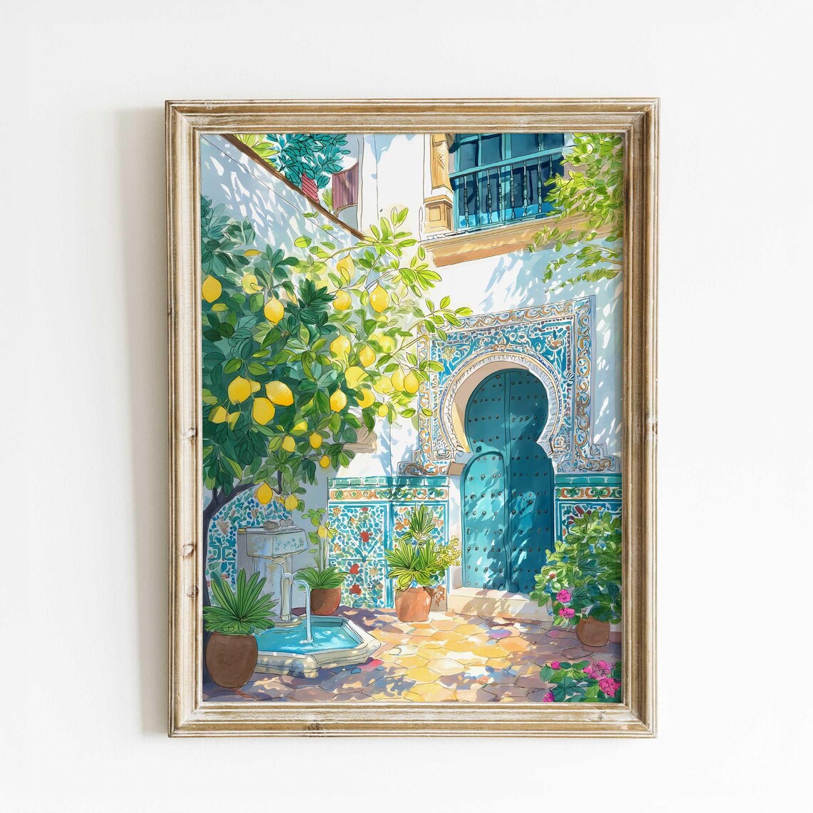 Mediterranean Lemon Courtyard Art Print, Watercolor