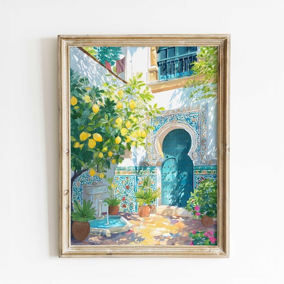 Mediterranean Lemon Courtyard Art Print, Watercolor