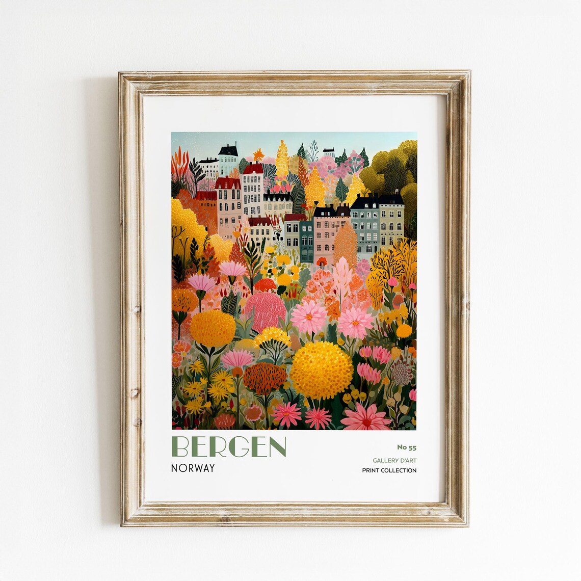 Bergen Norway Floral Cityscape Autumn Garden Vibrant Travel Poster