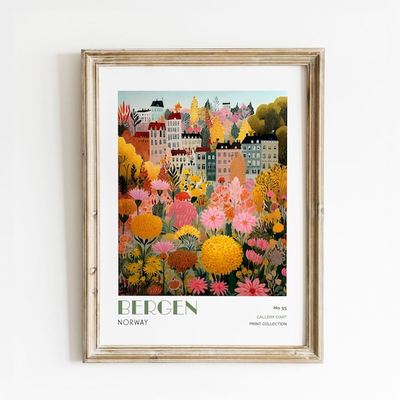 Bergen Norway Floral Cityscape Autumn Garden Vibrant Travel Poster