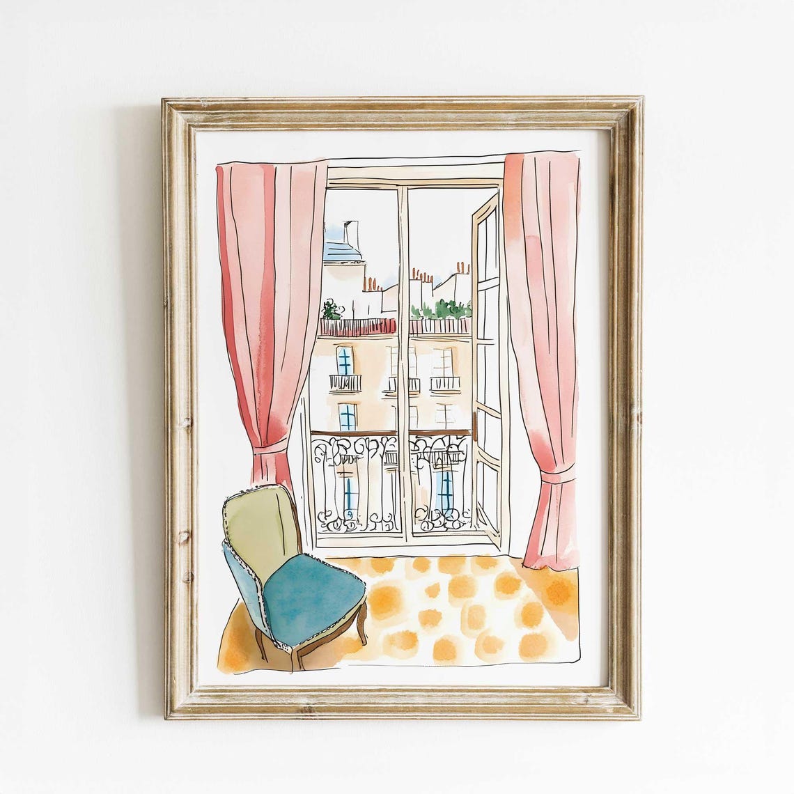 Parisian Balcony Window View Watercolor French Interior Poster