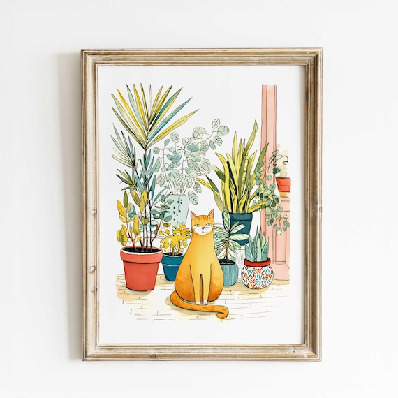 Orange Cat Among Houseplants Whimsical Plant Lover Art Print