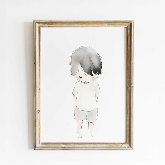 Minimalist Watercolor Boy Print Soft Neutral Wall Art Unique Handmade Modern Kids Room Decor Nursery Illustration
