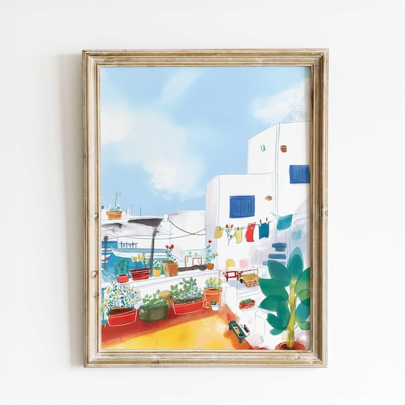 Greek Village Coastal Terrace Watercolor Poster with Seaside Boats