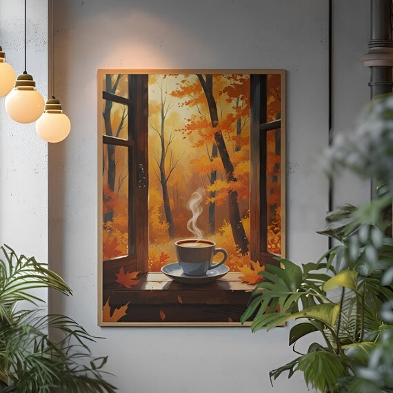 Cozy Autumn Window With Coffee Poster Fall Wall Art Warm Print Rustic Landscape Decor
