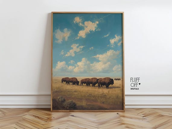 Rustic Bison Herd On Open Prairie Moody Landscape Print Farmhouse Decor Western Wall Art 87