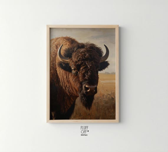 Rustic Bison On Prairie Painting Neutral Wildlife Art Earthy Western Decor Textured Brushwork Vintage Moody Wall