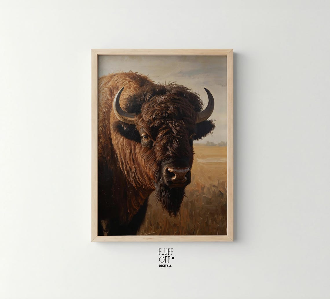 Golden Majestic Bison Prairie Rustic Wildlife Portrait Wall Art