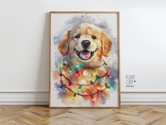 Golden Retriever Puppy Christmas Lights Watercolor Cute Holiday Dog Poster