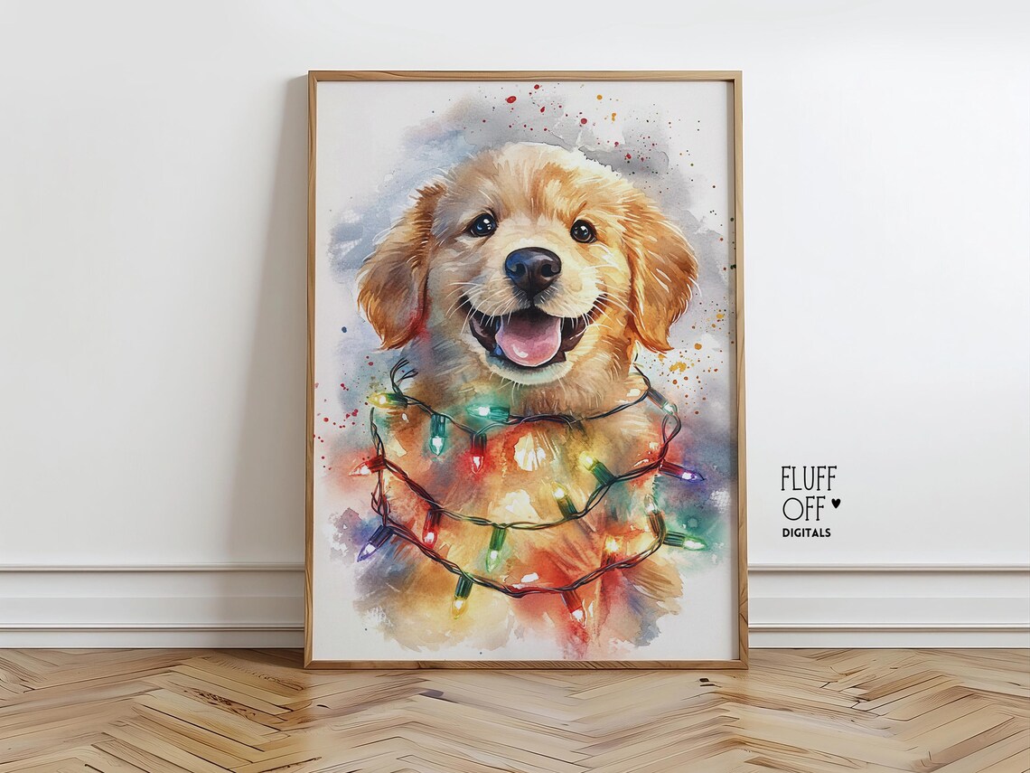 Golden Retriever Puppy Christmas Lights Watercolor Cute Holiday Dog Poster