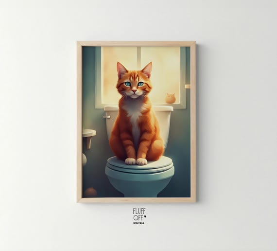 Cute Orange Tabby Cat Art Playful Painting Funny Cozy Wall Decor Modern Bathroom Print Warm Home