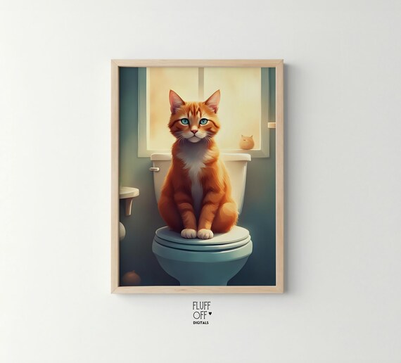 Funny Ginger Cat Toilet Bathroom Humor Cat Poster Art Decor Decor