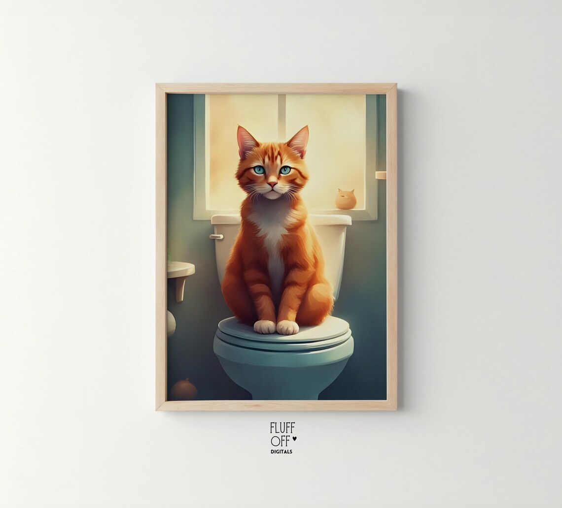 Funny Ginger Cat Toilet Bathroom Humor Cat Poster Art Decor Decor