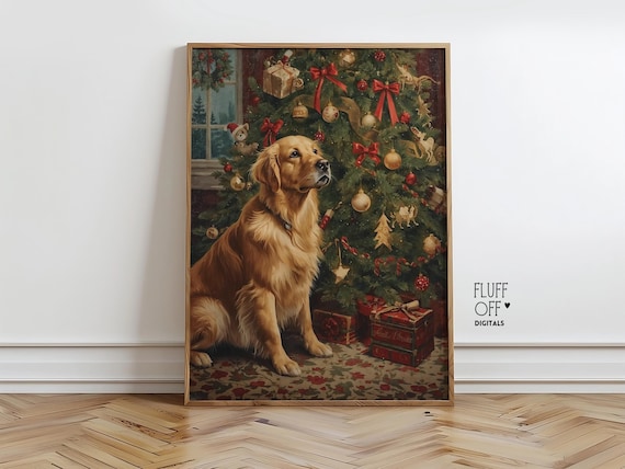 Golden Retriever by Christmas Tree Vintage Holiday Portrait Poster