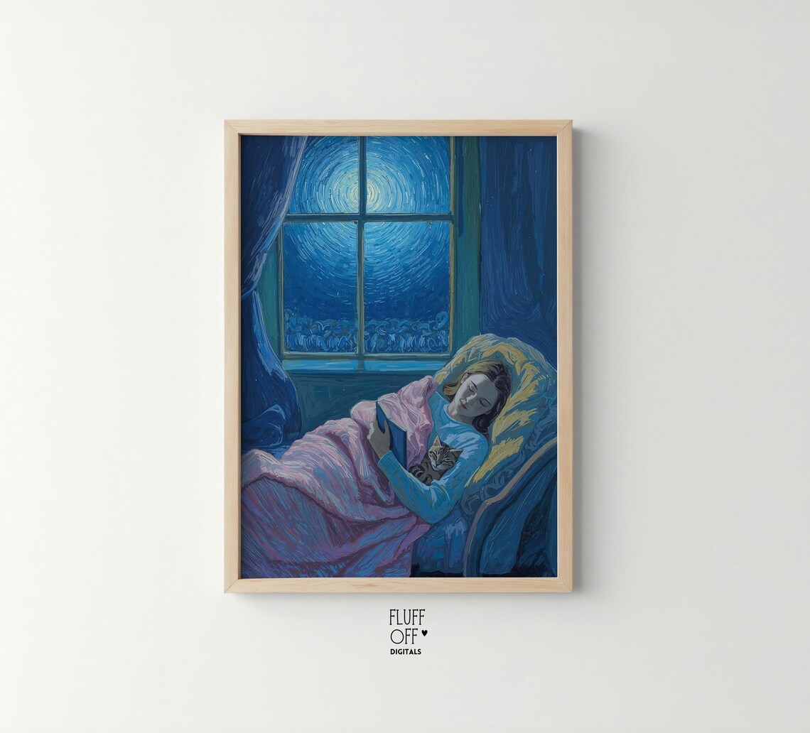 Woman Sleeping With Cat Under Starry Night Window Dreamy Moonlight Poster