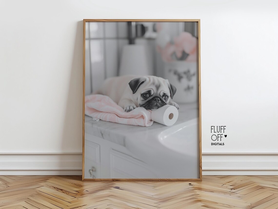 Cute Pug on Bathroom Vanity, Minimalist Art Print