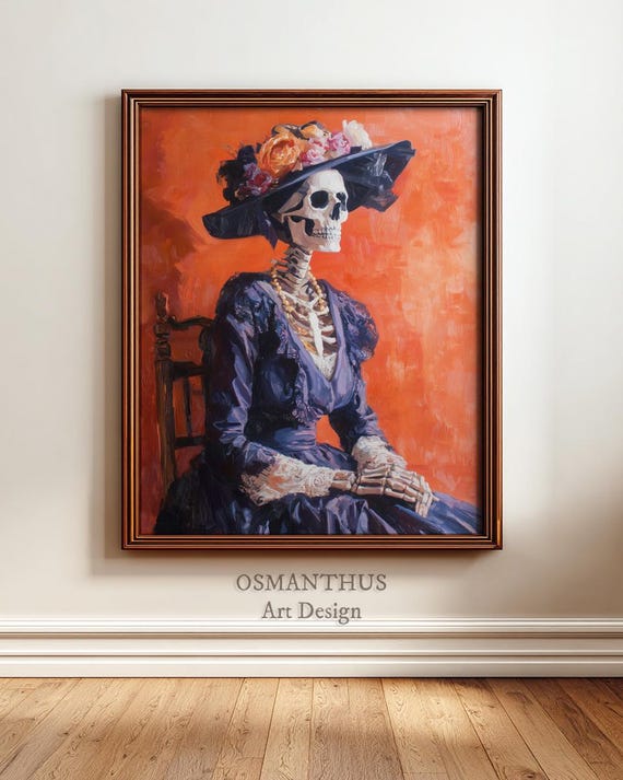 Vintage Dia De Los Muertos Skeleton Portrait Manet Inspired Painting Colorful Wall Art Rustic Fall Decor 58