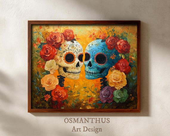Two Sugar Skulls With Roses Blue White Floral Dia De Muertos Art Poster