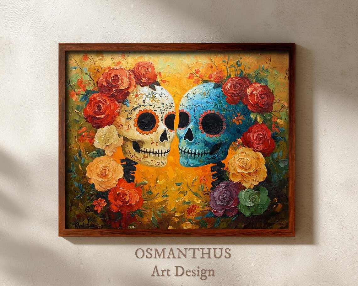 Two Sugar Skulls With Roses Blue White Floral Dia De Muertos Art Poster