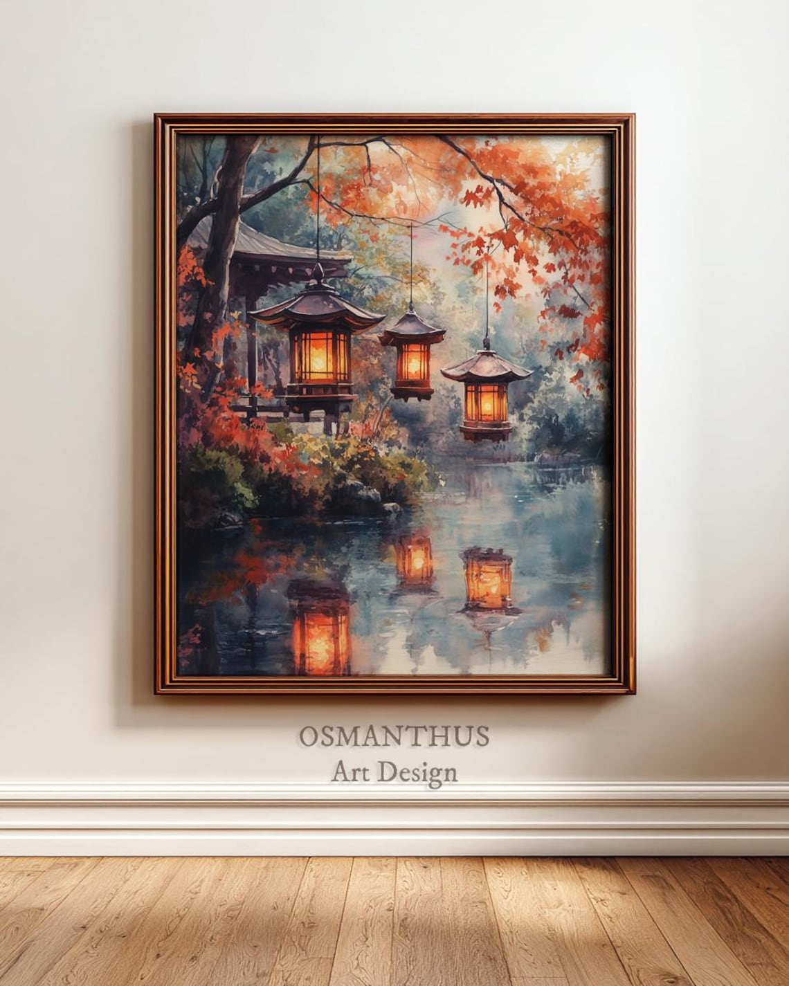 Japanese Garden Autumn Lanterns Tranquil Pond Watercolor Poster