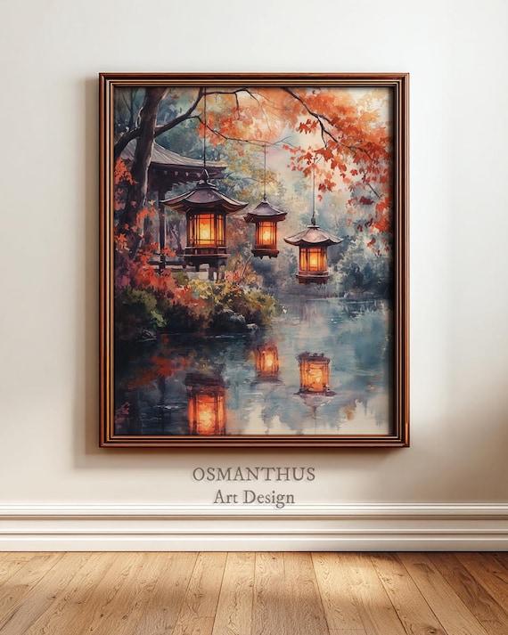 Japanese Garden Autumn Lanterns Tranquil Pond Watercolor Poster