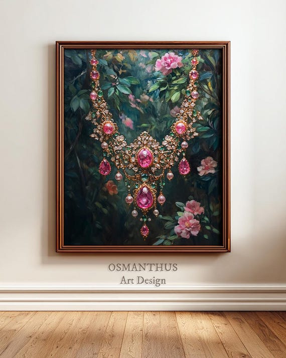 Luxurious Floral Jewelry Oil Painting Vintage Filigree Art Rich Botanical Design Wall Decor Elegant Home Print 86