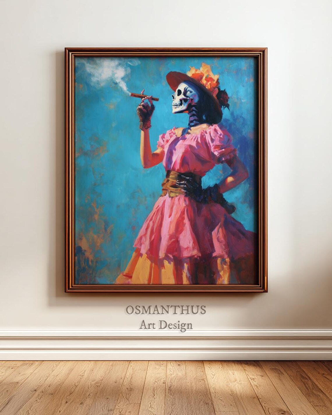 Skeleton Lady Pink Dress Smoking Cigar Day Of The Dead Art Poster