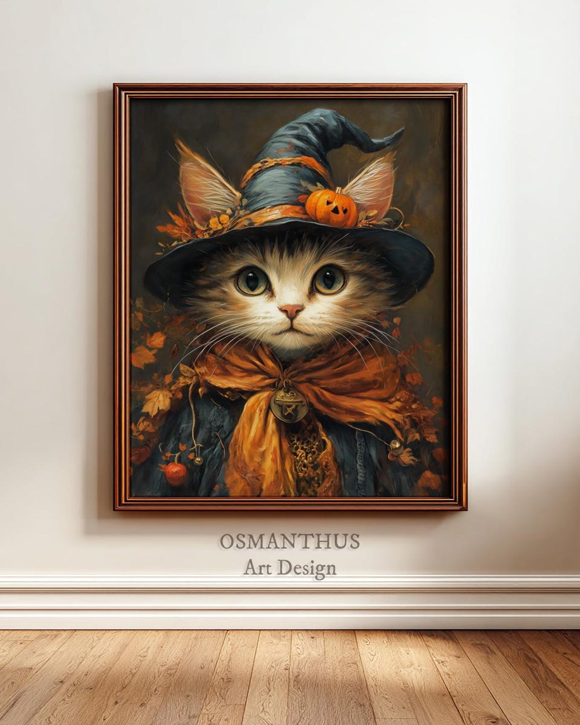 Tabby Kitten In Blue Witch Hat With Tiny Pumpkin Halloween Poster
