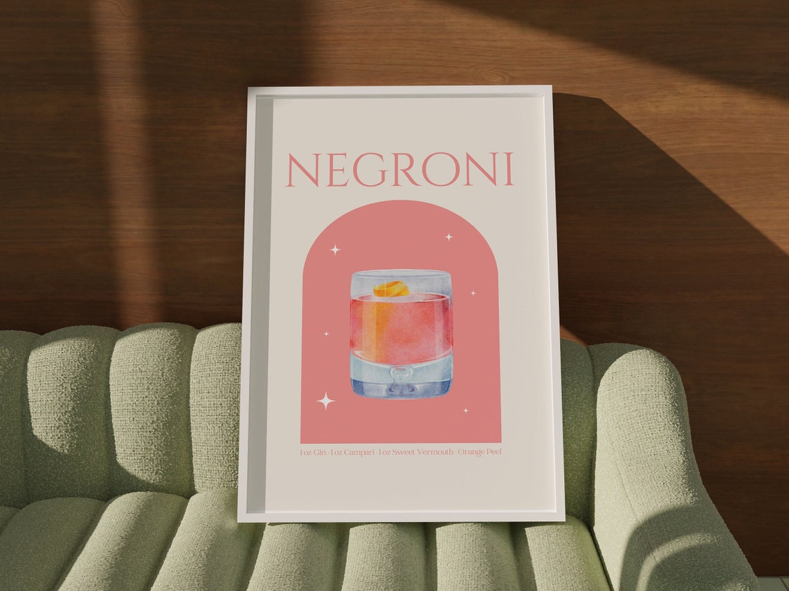 Negroni Cocktail Recipe Pink Arch Watercolor Orange Peel Poster - Image 2