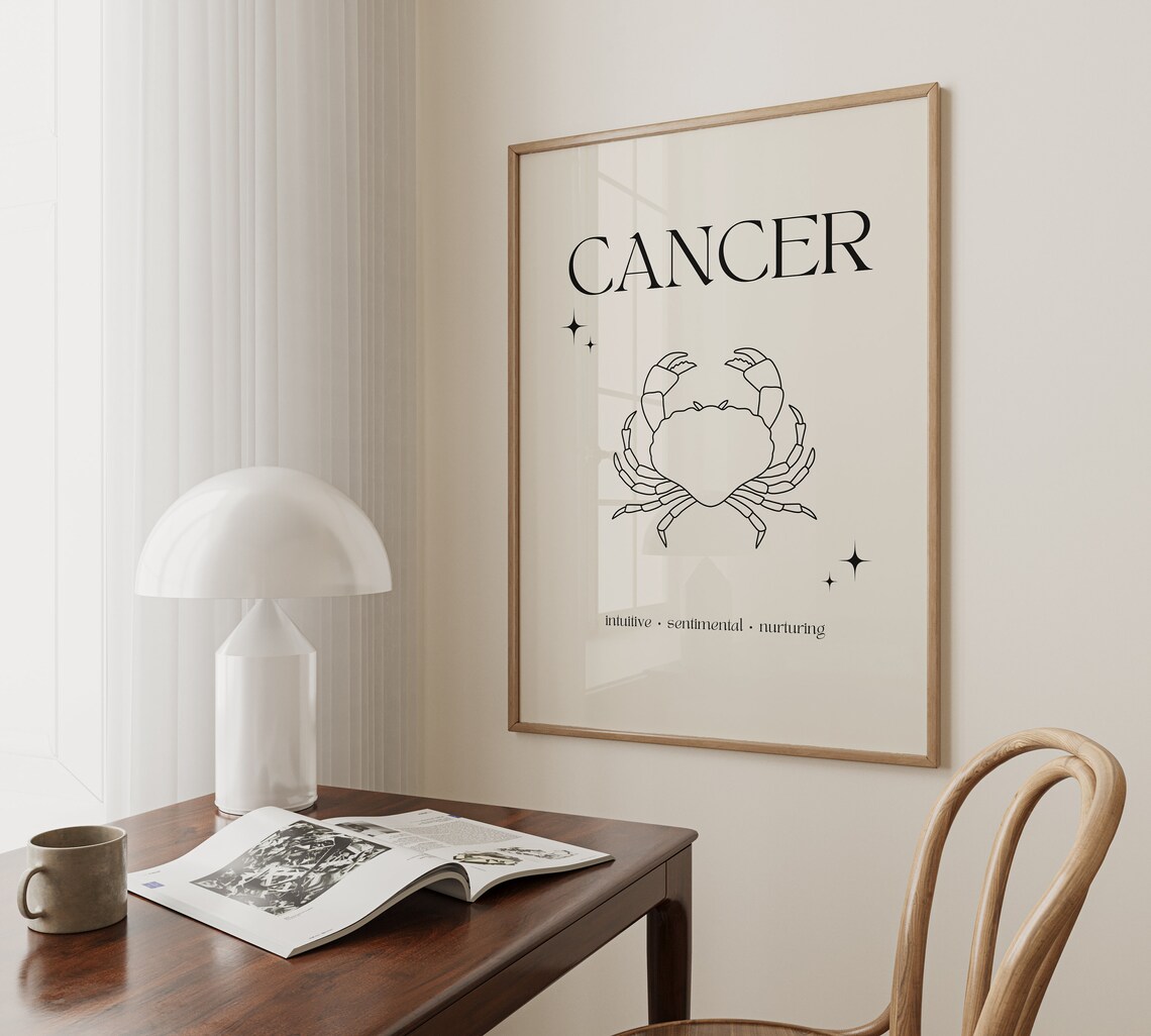 Cancer Zodiac Sign Minimalist Crab Line Art Cream Star Poster - Image 5