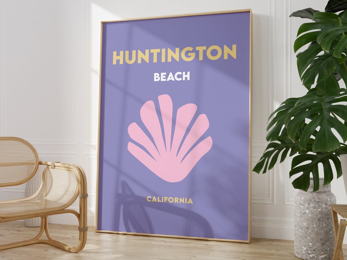Huntington Beach California Purple Pink Seashell Travel Poster