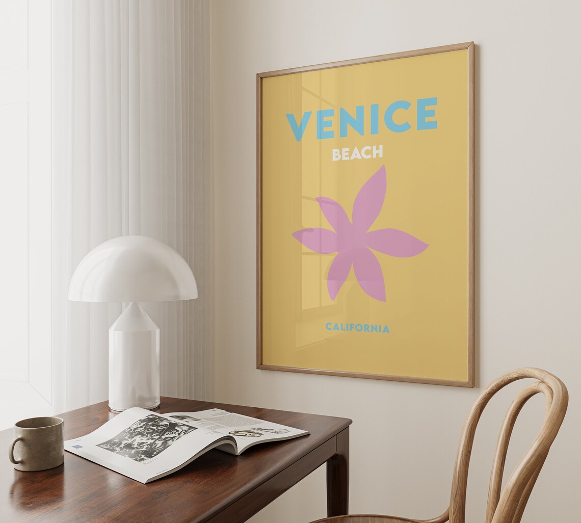 Venice Beach California Minimalist Yellow Pink Flower Poster - Image 4