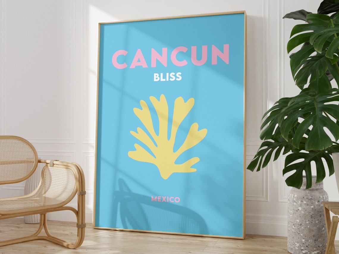 Cancun Bliss Mexico Blue Yellow Coral Minimalist Travel Poster