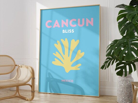 Cancun Bliss Mexico Blue Yellow Coral Minimalist Travel Poster