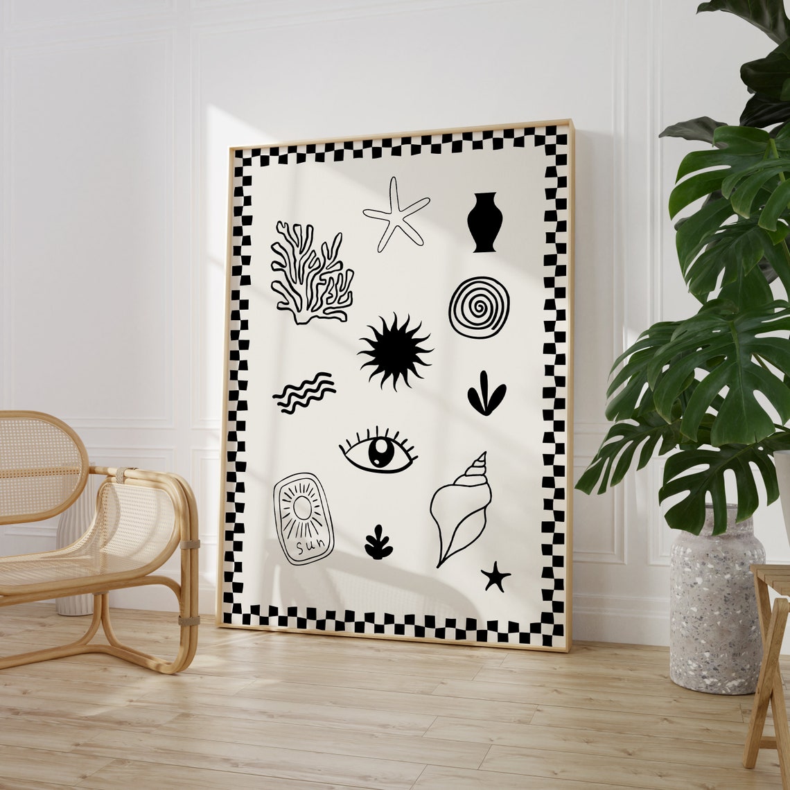 Coastal Doodle Black Checkerboard Border Boho Beach Art Poster - Image 2
