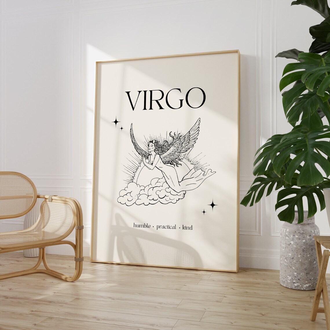 Virgo Zodiac Angel Minimalist Winged Woman Line Art Cream Poster - Image 5