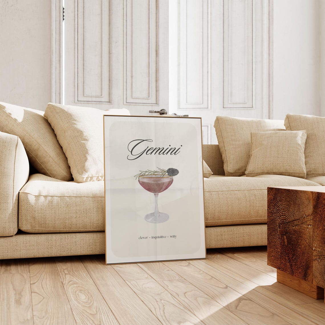 Gemini Zodiac Sign Cocktail Poster with Blackberry Coupe Watercolor - Image 2